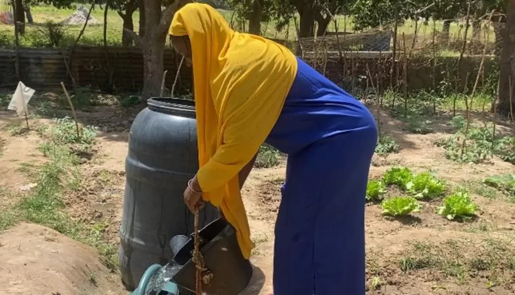 Marie Jeanne puise de l’eau pour entretenir son potager.